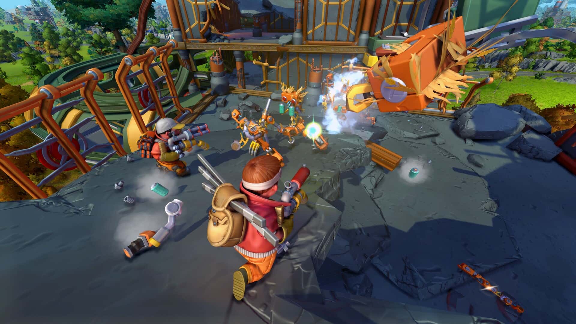 Mechanics exploring an industrial area in Scrap Mechanic