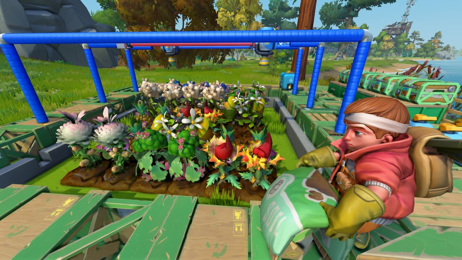 A cargo vehicle beside a Scrap Mechanic farm