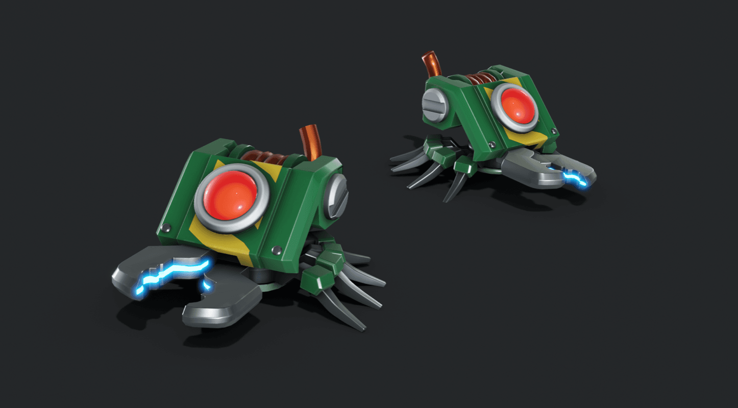 Cablebot concept image showing its green chassis, red eye, and cable clippers
